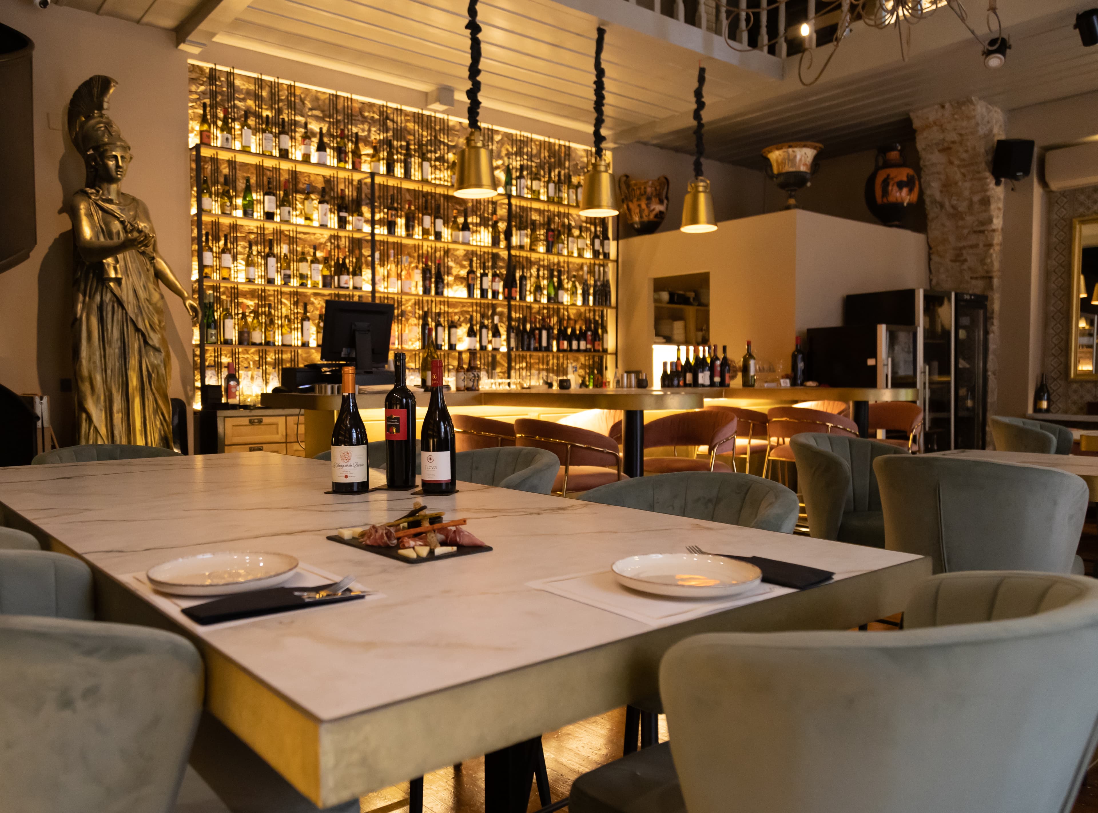 Mediterraneo Wine and Deli interior, wine wall and tasting tables